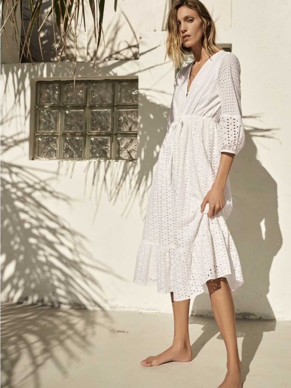 Zara | White Openwork Embroidered Eyelet Midi Dress | Size XS